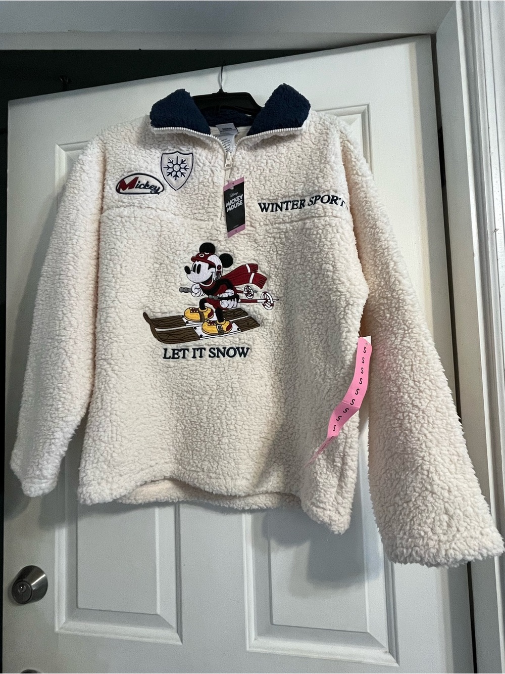 Disney Cream Sherpa Pullover with Navy Collar and Skiing Mickey